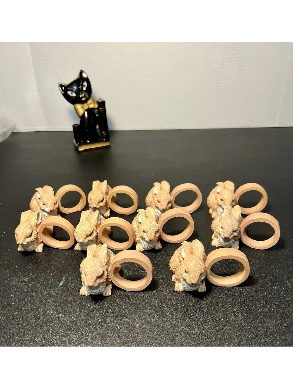 Vintage 1990s Set Of 10 Bunny Rabbit Figural Resin Napkin Rings, 2.5x2”